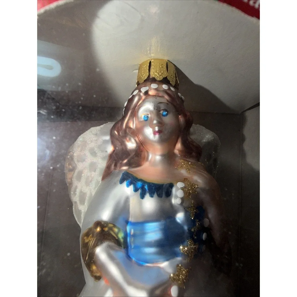 Vtg Brass Key Christmas Treasures Glass Angel Ornament Blue Gown Classic 2000